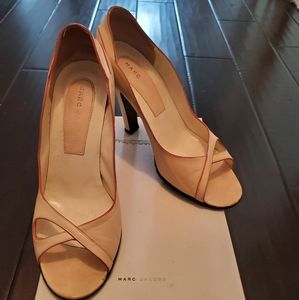 Marc Jacobs Nude Open Toe Pumps With Pink Trim